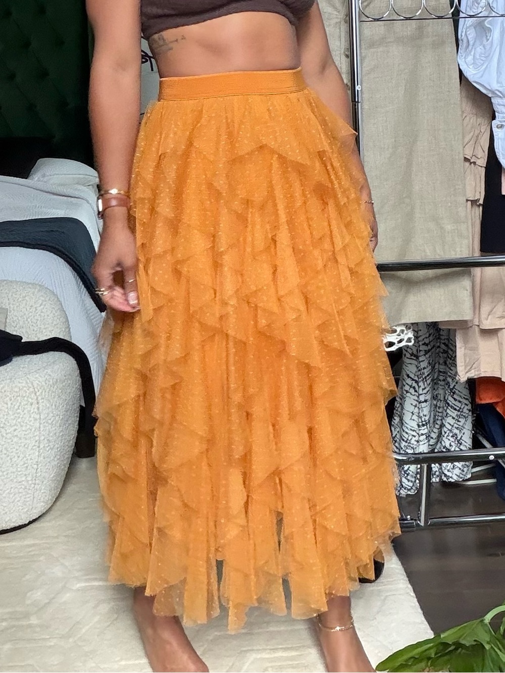 Anthropologie Layered Ruffle Maxi Skirt in Golden Yellow